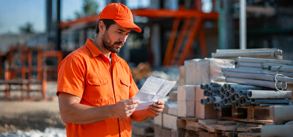 tecnico verifica un documento accanto ai materiali accatastati in cantiere