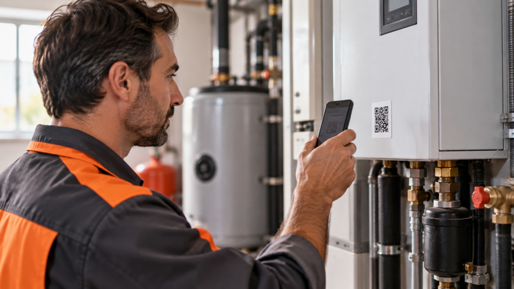 Tecnico scansiona il QR Code di un impianto per accedere allo storico degli interventi.